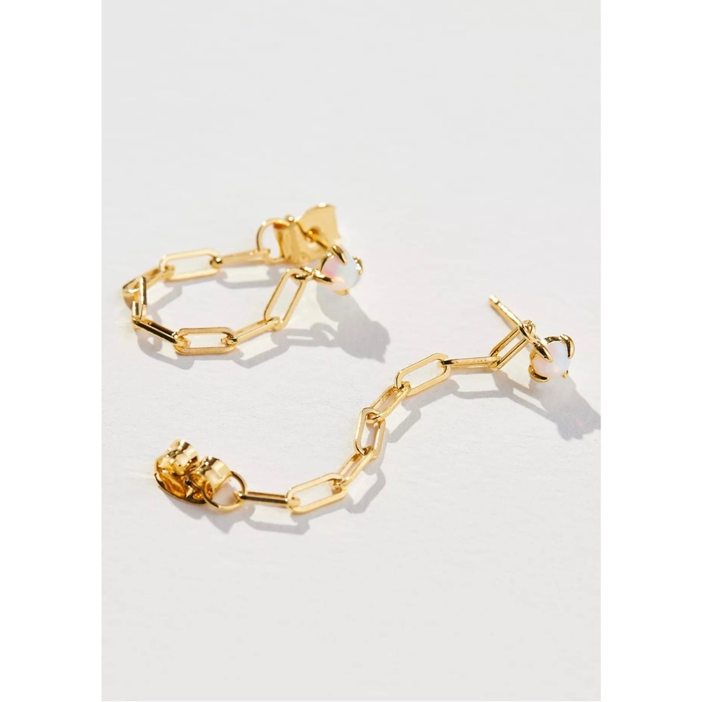 NWT Anthropologie TAI Chain Link Drop Earrings Gold Opal Stone